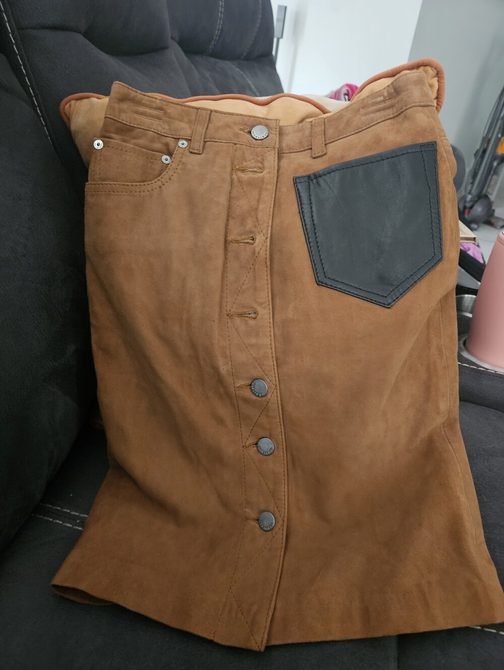 Allsaints Brown/Tan Suede Button Front Mini/Pencil Skirt With Leather Pocket